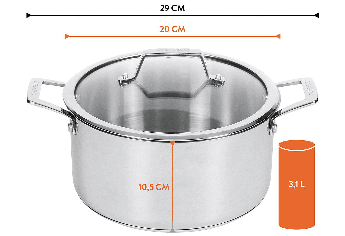 Kochtopf mit Glasdeckel 3,1l 20cm Profi Gourmet