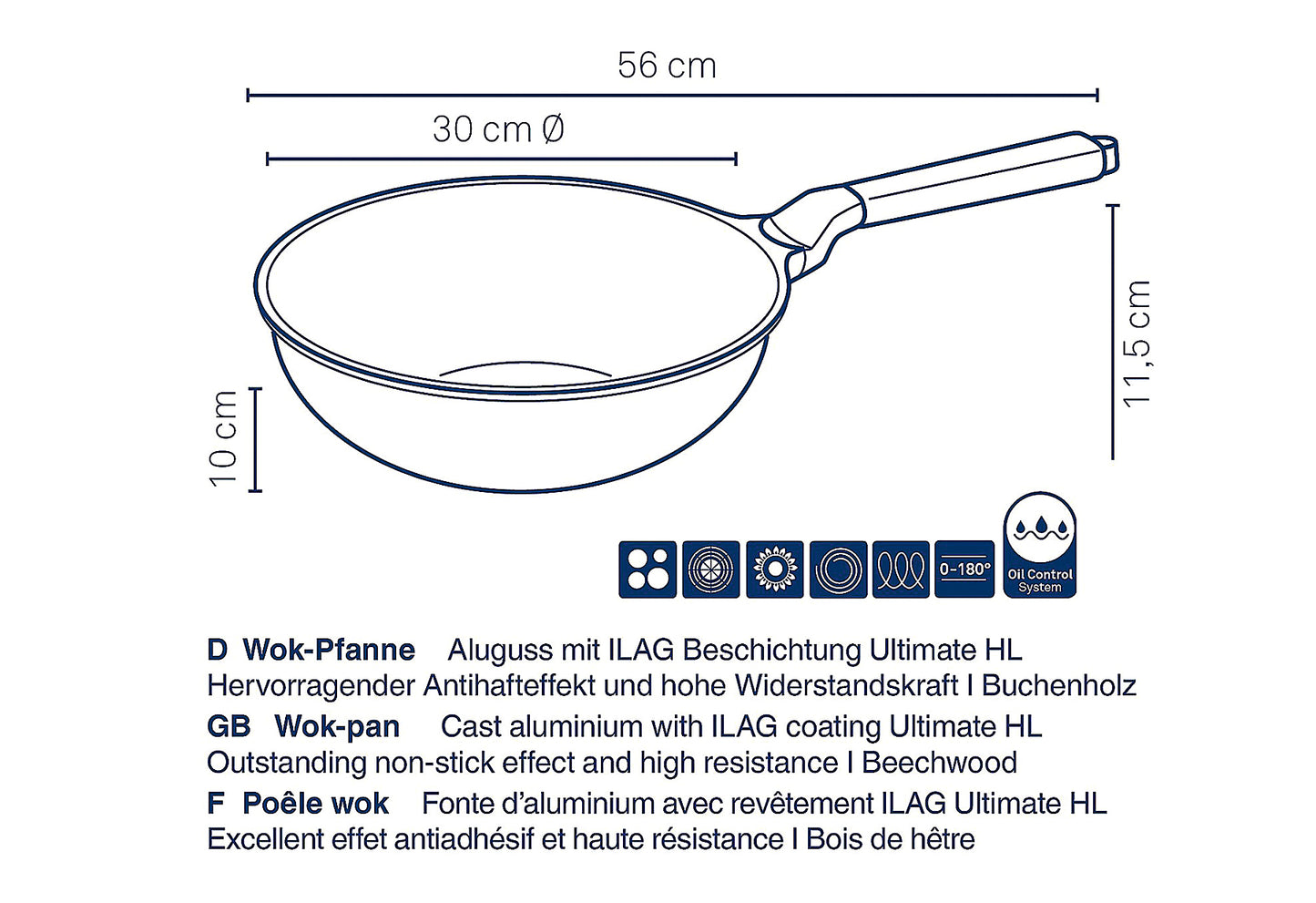 Wokpfanne Vitana Ø30cm H:10cm Griff Buchenholz