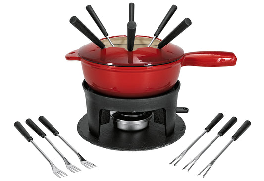 Fondue-Set two in one rot/schwarz Gusseisen 16teilig