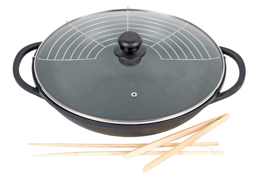 Wok Leipzig Ø36cm Aluguss mit Glasdeckel und Zubehör