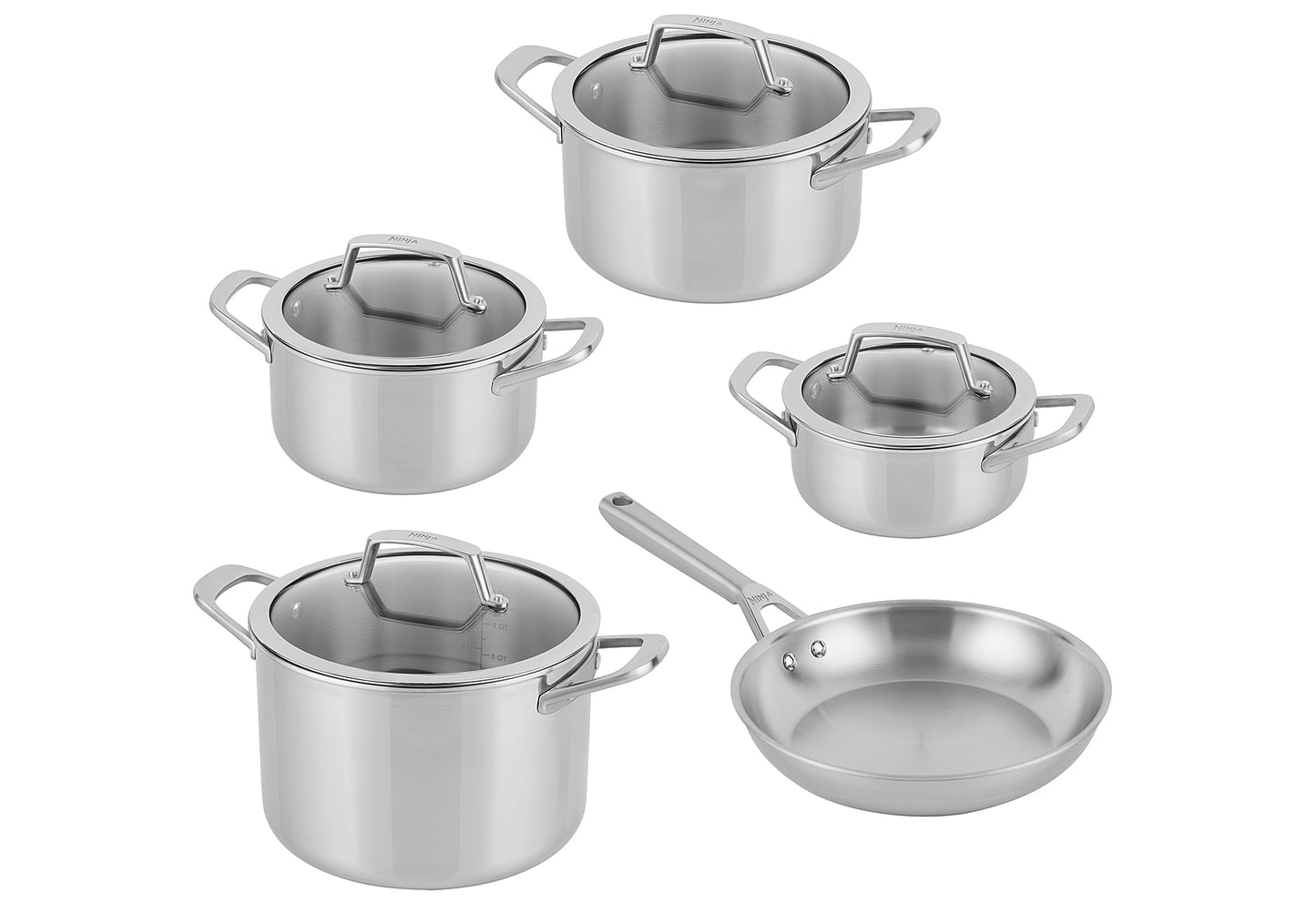 Topfset 5teilig EverClad Edelstahl mit Glasdeckel (16cm,18cm,20cm,24cm,1 Pfanne 24cm)
